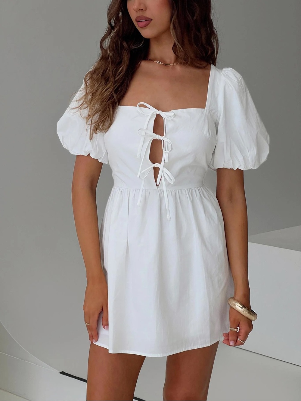 Princess Polly White Puff-Sleeve Tie-Front Mini Dress size 2
